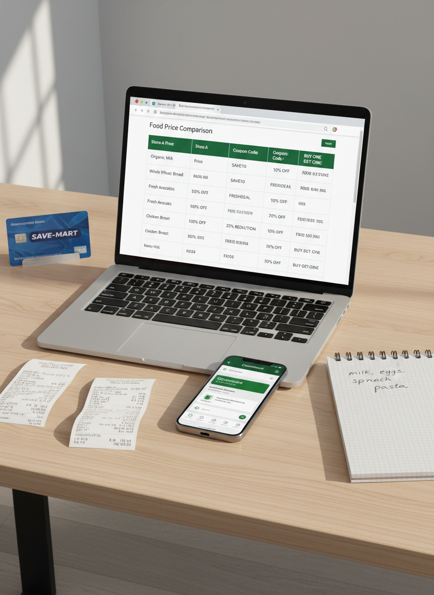 Un bureau moderne en bois clair avec un ordinateur portable ouvert sur une page de comparateur de prix alimentaires, affichant plusieurs colonnes de produits, codes promo et pourcentages de réduction bien visibles. À côté du clavier, repose un smartphone affichant une application de cashback, avec un solde de gains mis en évidence. Autour, quelques tickets de caisse soigneusement alignés, un carnet avec des listes de courses manuscrites, et une carte de fidélité de supermarché posée bien droite. La lumière naturelle d’une fin de matinée entre par une fenêtre hors champ, produisant un éclairage doux et latéral, avec des reflets subtils sur l’écran et des ombres délicates. Prise de vue légèrement en plongée, profondeur de champ moyenne pour garder la scène lisible. Ambiance professionnelle, organisée, en réalisme photographique épuré.