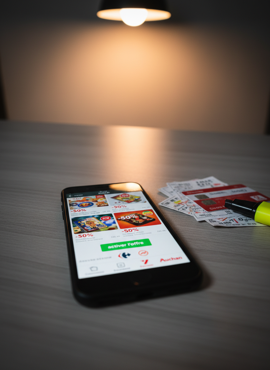 Un smartphone noir posé sur un plan de travail de cuisine en stratifié gris, affichant en gros plan une application française de bons de réduction alimentaires : vignettes de produits, pourcentages -30 %, -50 %, boutons « activer l’offre », logos de grandes enseignes bien reconnaissables sans être lisibles. À côté du téléphone, un petit tas de coupons papier découpés, une carte de fidélité de supermarché, et un stylo marqueur fluorescent. L’éclairage provient d’une suspension au-dessus de la table, créant un halo chaud et précis sur le téléphone et un léger vignettage naturel autour. Prise de vue à faible angle, proche de la surface, avec une profondeur de champ réduite pour mettre l’écran en évidence. Style photographique moderne et technologique, soulignant l’aspect malin et numérique des économies.
