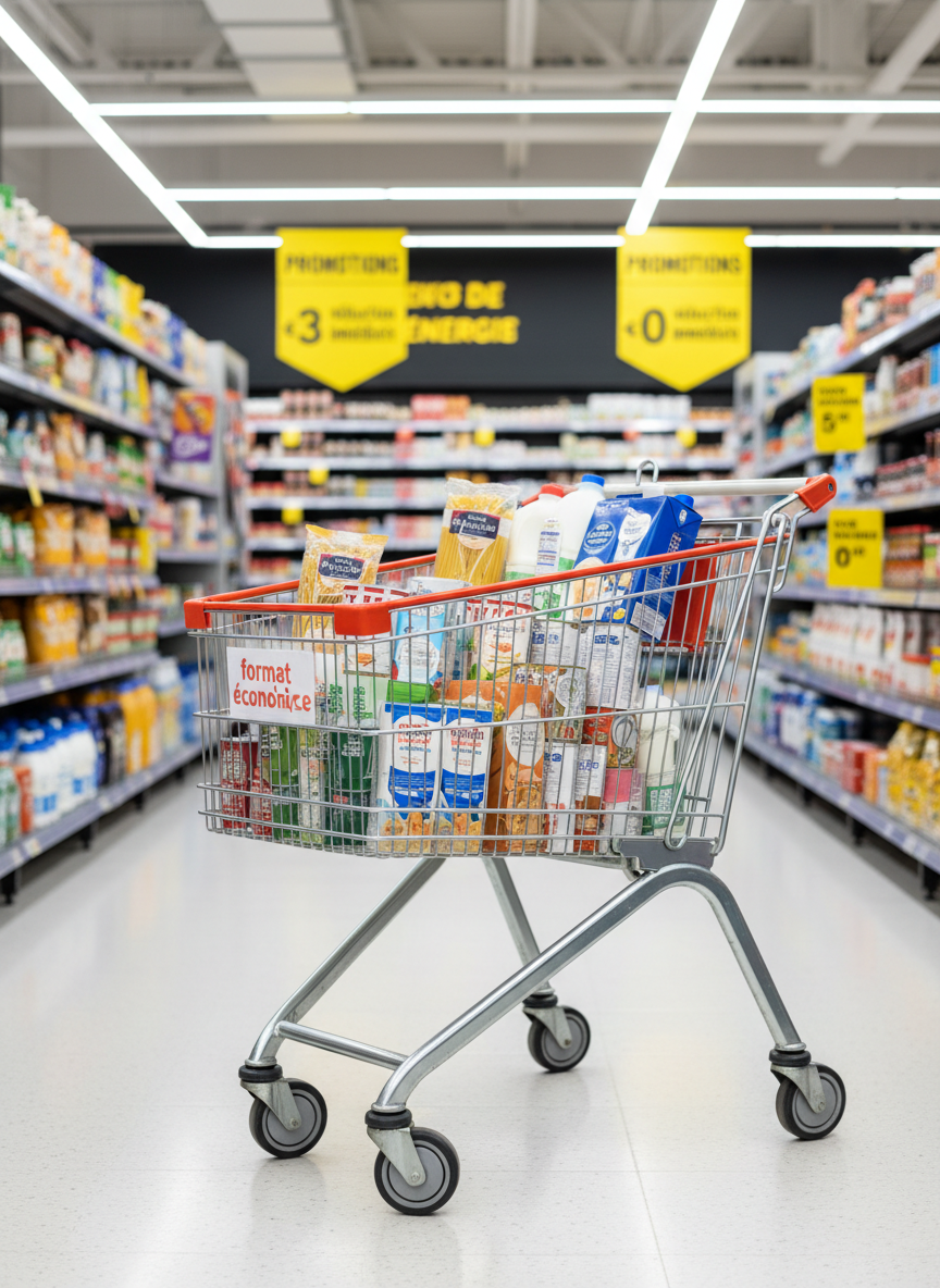 Un grand caddie de supermarché en métal chromé, parfaitement rangé avec des produits du quotidien à petits prix : paquets de pâtes marque distributeur, briques de lait, conserves empilées, lots familiaux étiquetés « format économique ». Le caddie est arrêté devant un rayon fournisseurs d’énergie, affichant de grands panneaux jaunes « promotions » et « réduction immédiate ». La scène se déroule dans une allée de supermarché française contemporaine, aux sols clairs et rayons bien éclairés. Une lumière blanche uniforme de néons au plafond crée un rendu net et professionnel, sans ombre dure. Prise de vue à hauteur de regard, composition équilibrée suivant la règle des tiers, netteté sur le caddie avec un léger flou d’arrière-plan. Style photographique réaliste, propre et moderne, évoquant l’efficacité et la maîtrise de son budget courses.