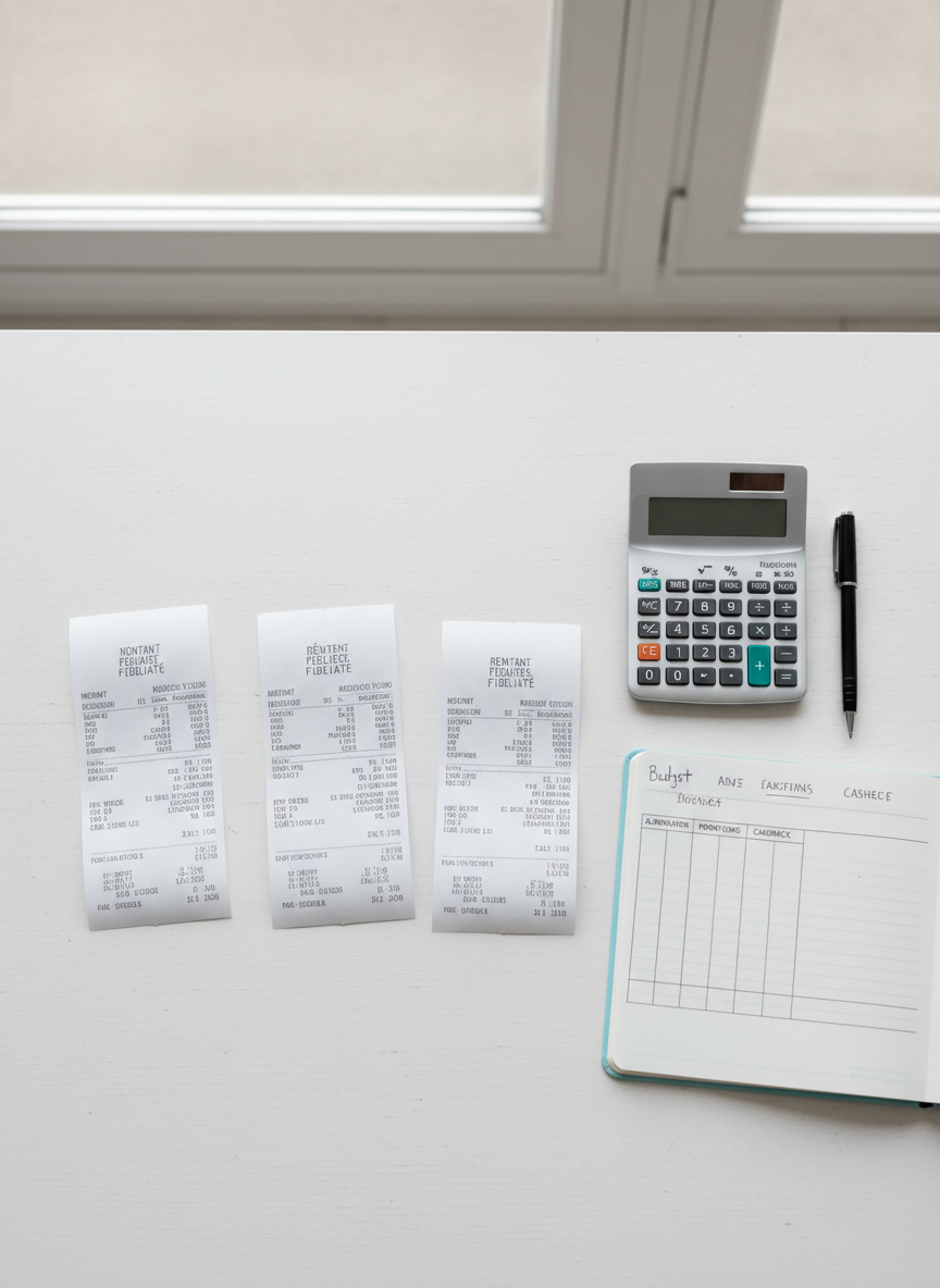 Une table de cuisine immaculée en bois blanc, recouverte de trois tickets de caisse français bien lisibles, alignés côte à côte, avec des colonnes de montants, réductions et remises fidélité clairement visibles. À côté, une calculatrice moderne, un stylo fin et un petit carnet ouvert sur un tableau de budget mensuel, avec des catégories « alimentation », « promotions », « cashback ». La lumière est diffuse et neutre, comme un jour couvert, venant d’une large fenêtre hors champ, évitant tout reflet gênant sur le papier. La photo est prise à la verticale, vue du dessus façon flat lay, pour une lecture claire et professionnelle. Ambiance sérieuse mais accessible, style photographique minimaliste et propre, idéal pour illustrer un guide détaillé sur la maîtrise des dépenses de courses.